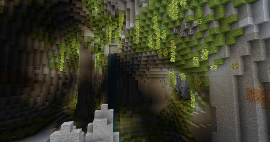 Игрок смотрит на пышную пещеру